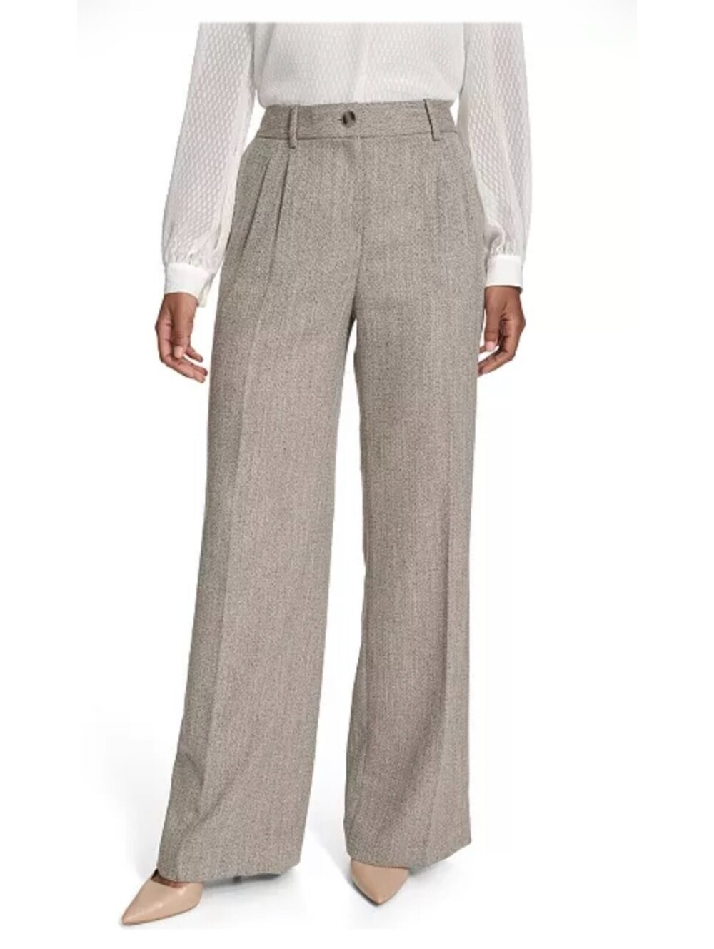 CALVIN KLEIN gray oyster herringbone pleated wide leg pants 12 NWT